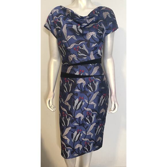 Escada Blue Red White Floral Silk Sheath Dress 42 US 12 SS Fitted Tulip Jacquard - Picture 1 of 12